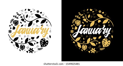 January month name. Lettering with branches and young leaves. Vector illustration.