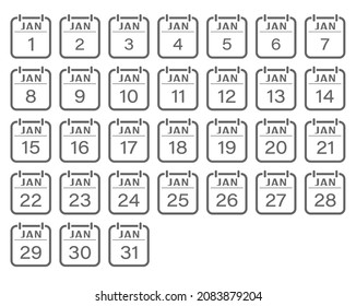 January is a month with numbers. A set of calendar sheets for a website, applications, scrapbooking and creative design. An empty contour. Flat design.