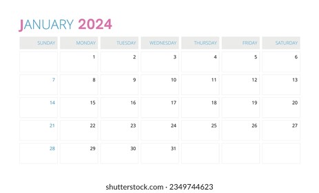 January month single calendar 2024, Simple minimal vector printing calendar month template design for the new year 2024.