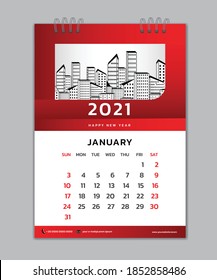 January month template, Desk Calendar 2021 Creative design can be place photo and logo, Week starts on Sunday, vector for calendar 2021 template, Red gradient background