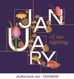 January month typographic design template in art nouveau style letters decorated with colorful floral motifs and golden outlines