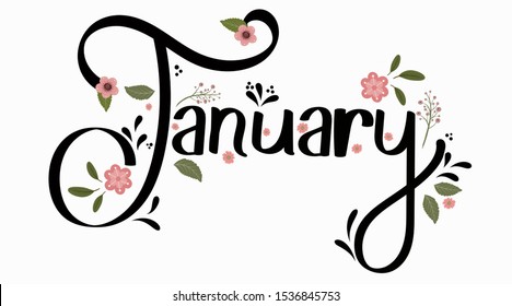 january month vector with flowers and leaves. Decoration text floral. Hand drawn lettering. Illustration January