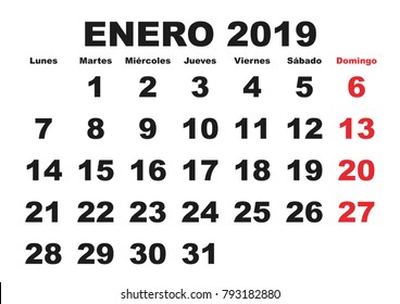 January month in a year 2019 wall calendar in spanish. Enero 2019. Calendario 2019