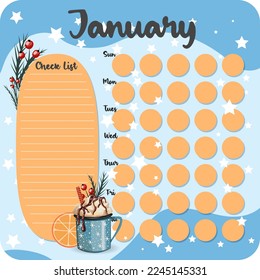 January monthly planner, weekly planner, habit tracker template and example. Template for agenda, schedule, planners, checklists, bullet journal, notebook and other stationery. Christmas cocoa theme