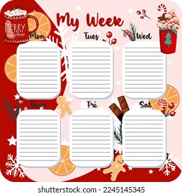 January monthly planner, weekly planner, habit tracker template and example. Template for agenda, schedule, planners, checklists, bullet journal, notebook and other stationery. Christmas cocoa theme