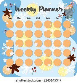 January monthly planner, weekly planner, habit tracker template and example. Template for agenda, schedule, planners, checklists, bullet journal, notebook and other stationery. Christmas cocoa theme