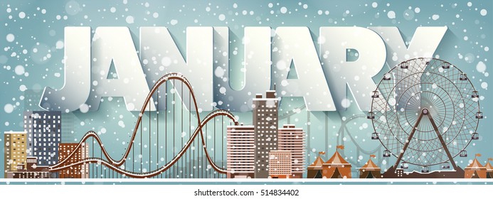 January month,winter cityscape.City silhouettes.Town skyline. Panorama. Midtown houses.New year,christmas.Holidays in December,February.