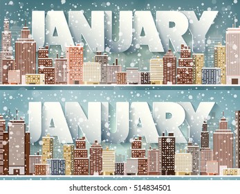 January month,winter cityscape.City silhouettes.Town skyline. Panorama. Midtown houses.New year,christmas.Holidays in December,February.