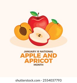 January is National Apple and Apricot Month poster vector illustration. Red fresh apples and apricots icon vector. Half and whole apricot drawing. Template for background, banner, card