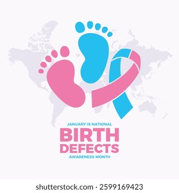 January is National Birth Defects Awareness Month poster vector illustration. Pink blue awareness ribbon and baby foot print icon set vector. Template for background, banner, card. Important day