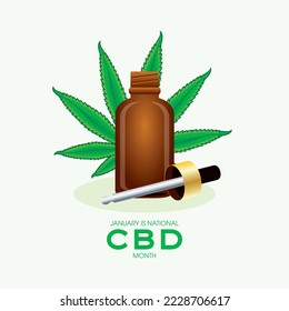 Der Januar ist die National CBD Month Vektor. Braune Glasflasche CBD Öl mit Hanfblatt Symbol Vektorgrafik. Durchstechflasche mit Cannabis-Öl mit Tropfgrafik. Wichtiger Tag