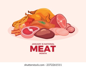 January is National Meat Month poster vector illustration. Pile of meat icon set vector. Beef, pork, poultry, fish, seafood vector. Many types of meat drawing. January every year