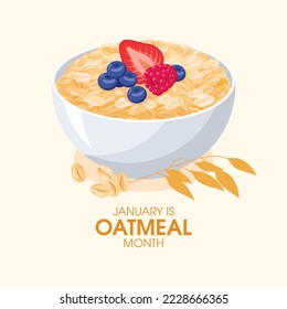 January Is National Oatmeal Month vector. Bowl of oatmeal with berries icon vector. Healthy cereal breakfast with fruits icon vector. Oat flakes breakfast design element. Important day