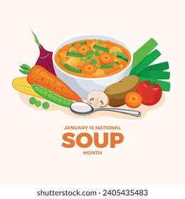 Enero es ilustración vectorial de afiches del Mes Nacional de la Sopa. Tazón de sopa con verduras ilustraciones vectoriales. Deliciosa sopa de verduras frescas conjunto de ícono de vida. Dibujo sano de caldo vegetal