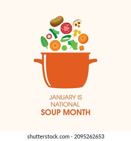 Der Januar ist die Vektorgrafik des National Soup Month. Gemüse, das in den Topfvektor fliegt. Töpfe von Gemüsesuppe Symbol Vektorgrafik. Symbol für gesundes Gemüsebrot