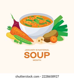 January is National Soup Month vector  Delicious fresh vegetable soup still life icon vector  Healthy vegetable broth drawing  Important day