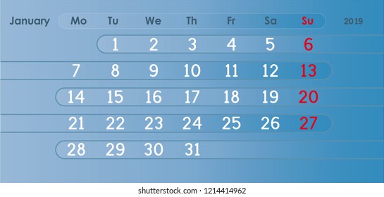 January Page 01 Month Premium 2019 Year Blue English Calendar Prestige Stylish Grid Classic Style. Luxury template vector design