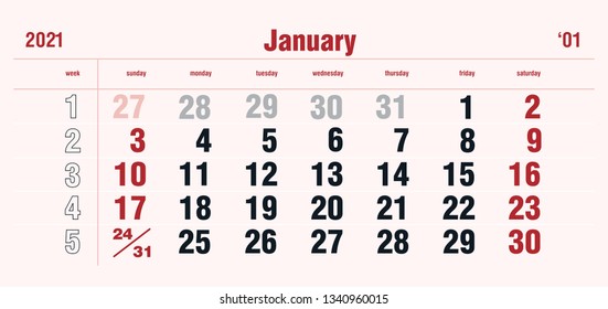 January Page 01 Month Premium 2021 Year Calendar Stylish Grid English Classic Style. Luxury template vector design