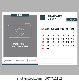 January Page vector for calendar 2022 template. Week starts on Sunday. Оrganizer, 2022 calendar modern minimal design. 