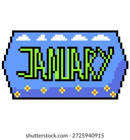 Enero, ilustración de pixel art con tipografía de estilo retro verde brillante sobre un fondo azul, decorado con nubes blancas y Pequeña flor amarilla.