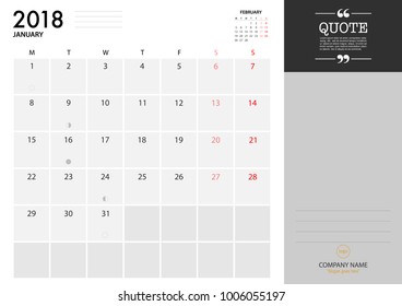 January planner 2018 on White Background for organization and business. Week Starts Monday. Minimal Planner with eclipse notification with note and copy space area. Simple Vector Template design EPS10