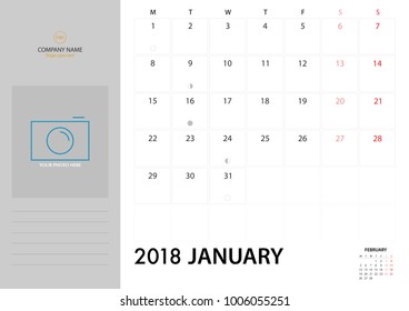 January planner 2018 on White Background for organization and business. Week Starts Monday. Minimal Planner with eclipse notification with note and copy space area. Simple Vector Template design EPS10