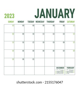 January. Planner 2023 year. English vector square calendar template. Minimalistic design. Week starts on Sunday