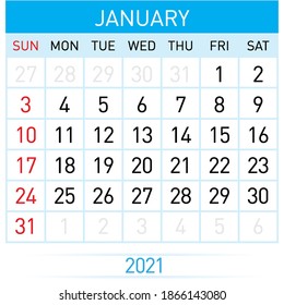 Januar Planer Kalender 2021. Illustration von Kalender in einfachem und sauberem Tabellenstil für das Vorlagendesign auf weißem Hintergrund. Woche beginnt am Sonntag