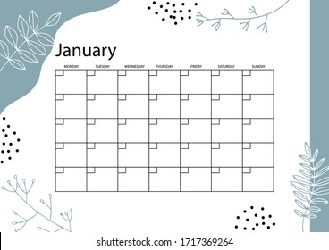 January planner, monthly planner calendar , hand drawn textures, trendy style.