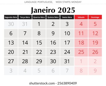 January PORTUGUESE annual calendar for 2025 year. Vector illustration with stylish design for Portugal