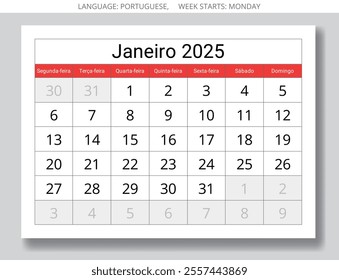 January PORTUGUESE monthly calendar for 2025 year - Janeiro. Vector paper page illustration for Portugal