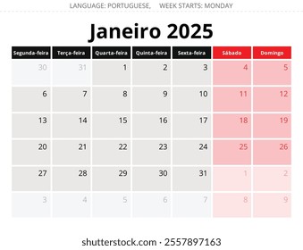 January PORTUGUESE monthly calendar for 2025 year. Vector illustration with stylish design for Portugal