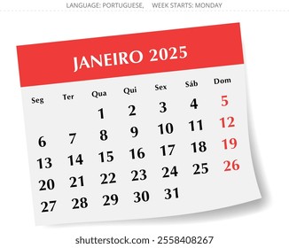 January PORTUGUESE monthly calendar for 2025 year. Vector illustration with stylish paper design for Portugal