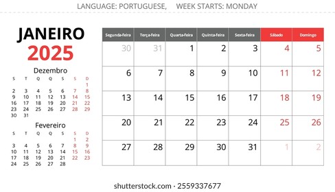 January PORTUGUESE monthly calendar for 2025 year - Janeiro. Vector page illustration for Portugal