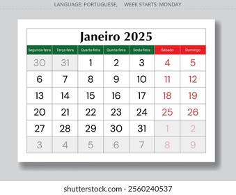 January PORTUGUESE monthly calendar for 2025 year - Janeiro. Vector page illustration for Portugal