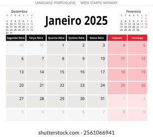 January PORTUGUESE monthly calendar for 2025 year (Janeiro). Vector page illustration for Portugal