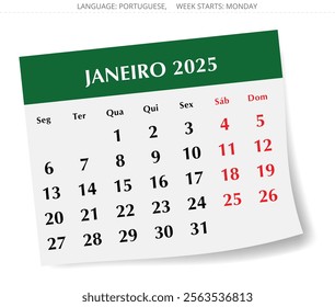 January PORTUGUESE monthly calendar for 2025 year. Vector illustration with paper design for Portugal