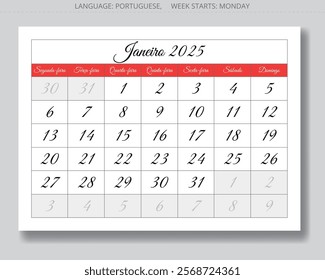 January PORTUGUESE monthly calendar for 2025 year - Janeiro. Vector paper page illustration for Portugal