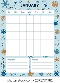 January Printable Monthly planner, organizer. Winter background. Holidays, Christmas. Notes, to do list. Time management planning sheets. Pre-made stationery organizers. 