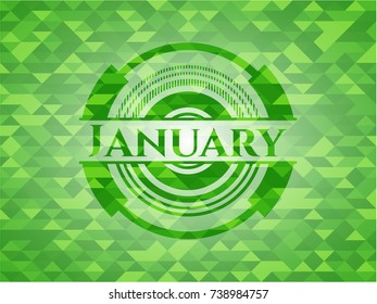 January realistic green emblem. Mosaic background