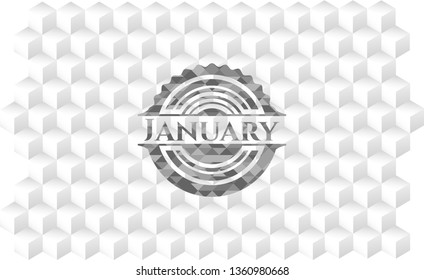 January realistic grey emblem with cube white background