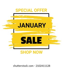 January sale banner template. Special offer. Discount text on yellow brush stroke. Vector illustration