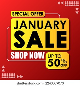 January sale banner template. Special offer. Discount text . Up to 50% on red background. Social Media Promotion. Vector illustration.