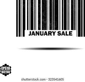 January Sale With Barcode And Shadow Black Grunge Stamp Isolated On White Background. Vector Illustration 