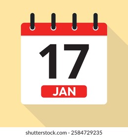 January Seventeenth. Calendar Page Vector. Red, White and Yellow. Time Concept. Date Illustration. Jan 17th.