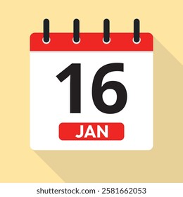 January Sixteenth. Calendar Page Vector. Red, White and Yellow. Date Illustration. Time Concept. Jan 16th.