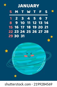 January. Space calendar planner 2023. Weekly scheduling, planets, space objects. Week starts on Sunday. Uranus