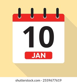 January Tenth. Calendar Page Vector. Red, White and Yellow. Date Illustration. Time Concept. Jan 10th.