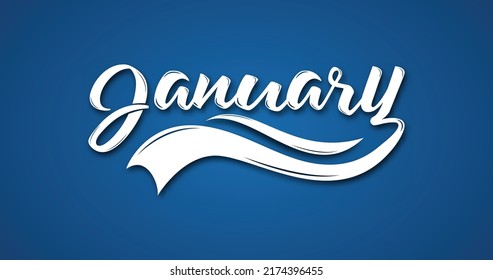 January text handwriting in white color on the blue background. Month January for the calendar. This Hand lettering suitable for Calendar Printing, Presentation, and  Cover Title