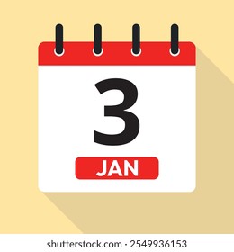 January Third. Calendar Page Vector. Red, White and Yellow. Date Illustration. Time Concept. Jan 3rd.